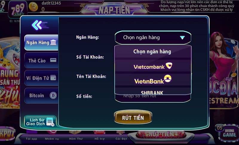 Giao diện rút tiền 789 club bằng ngân hàng