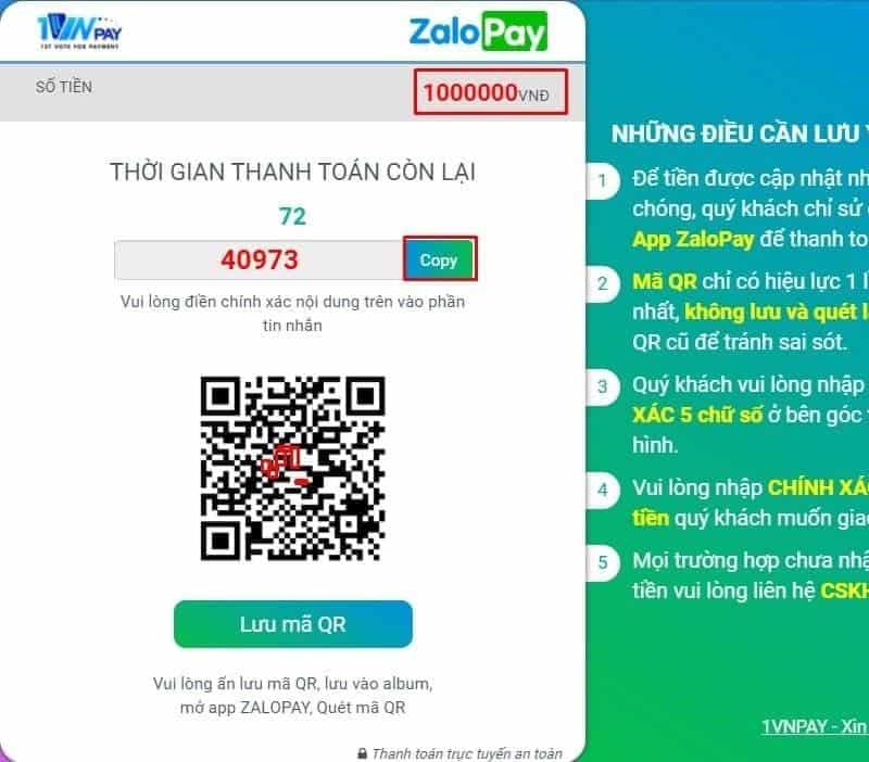 Hình thức nạp tiền bằng phương thức Zalo pay